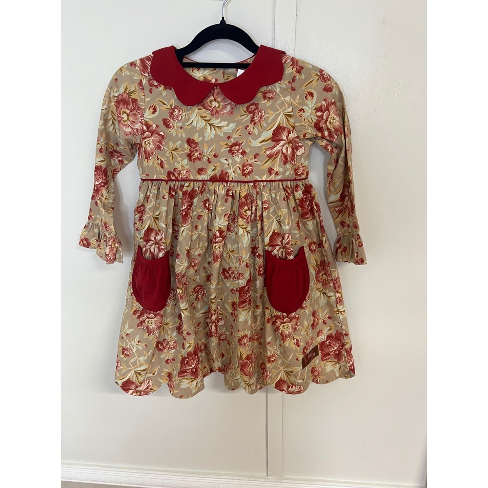 Millie Jay Girls Floral Long Sleeve Dress Red Peter Pan Collar Cotton Size 6 NWT